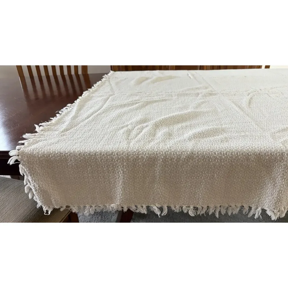 Oversized Cream Throw Blanket Textured Woven Cotton Fringe Edges 76x52 Vintage
